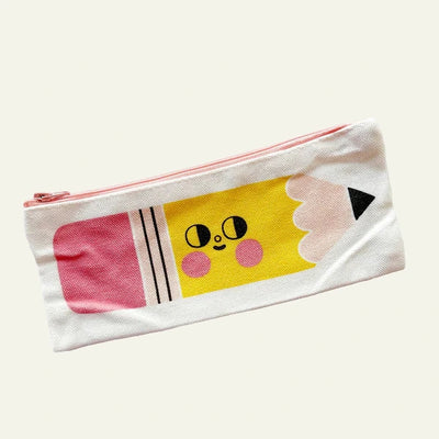soft pencil case with a cartoon pencil design on a natural canvas background