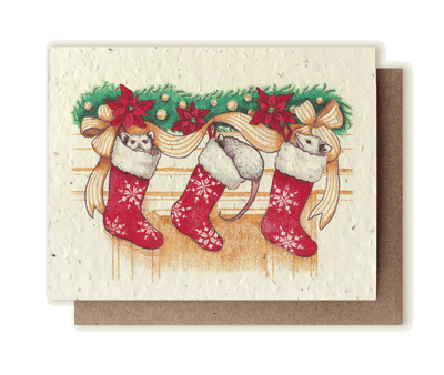 A photo of a plantable seed card with anoriginal illustration of three young opossums (Didelphis virginiana) playing in holiday stockings hanging from a fireplace.