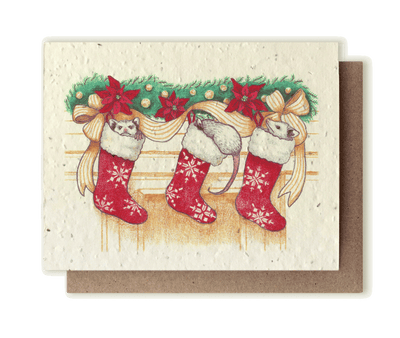 A photo of a plantable seed card with anoriginal illustration of three young opossums (Didelphis virginiana) playing in holiday stockings hanging from a fireplace.