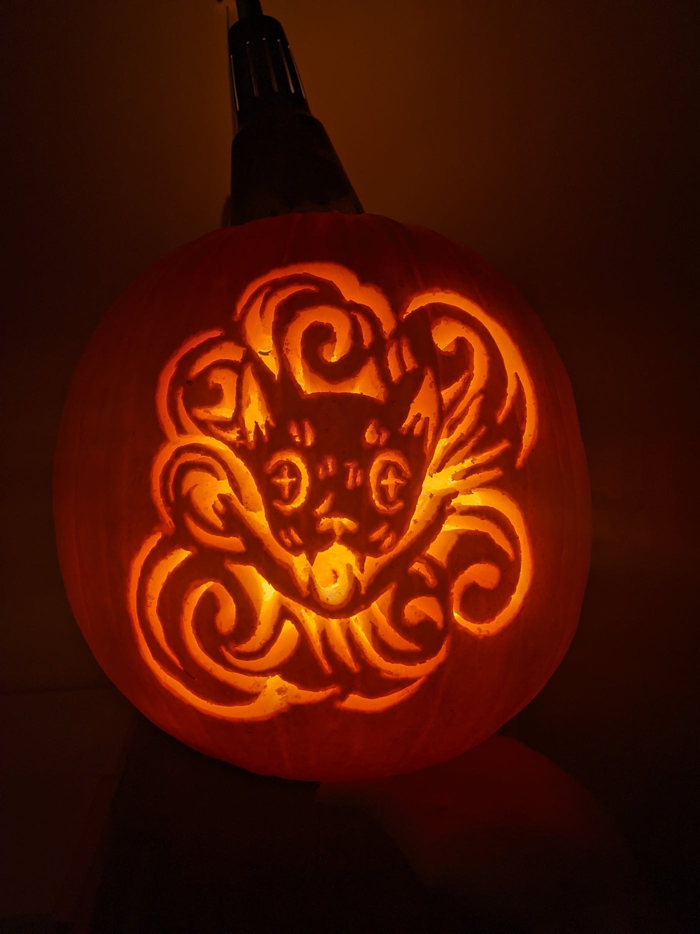a jack o lantern carved with the small victories halloween cat design